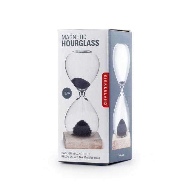 Kikkerland Magnetic HourGlass - One Minute Glass Timer, Beautiful, Captivating & Functional, Classic glass body, Metal Filling, Wood base