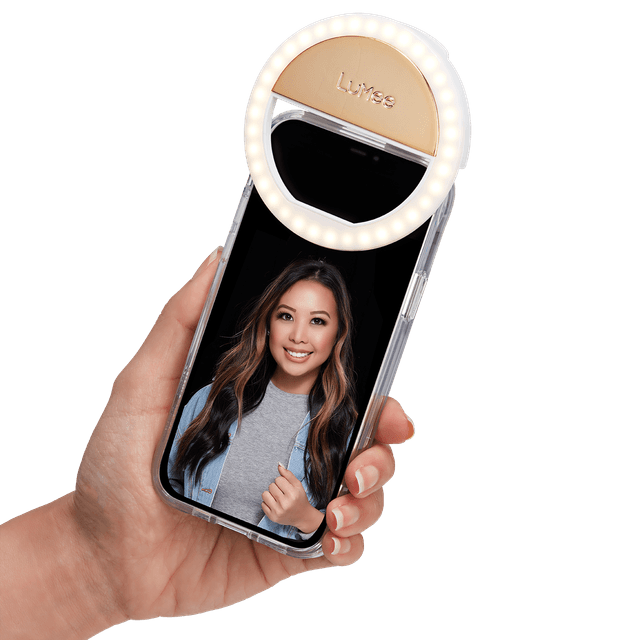 LuMee Studio Clip Light | Universal LED Lighting solution, Selfie Ring Light, 3 Brightness Levels, Easy Attachment, Portable & Compact, works w/ Smartphones, Tablets, Laptops - Gold