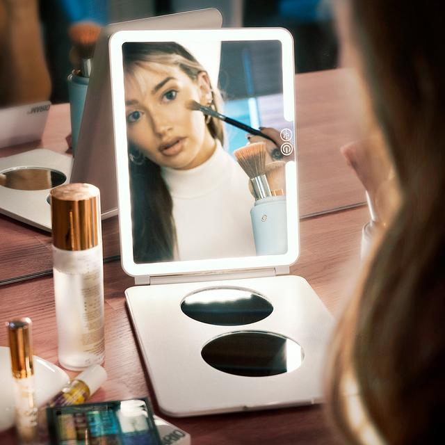 LuMee Studio Portable LED White Light Makeup Mirror | Lightweight, 3 Light Modes - Warm, Cool, Natural, Dimmable with 3x/5x Magnifier, Adjustable Angles, Travel-Friendly - White - SW1hZ2U6MzYxNTA5