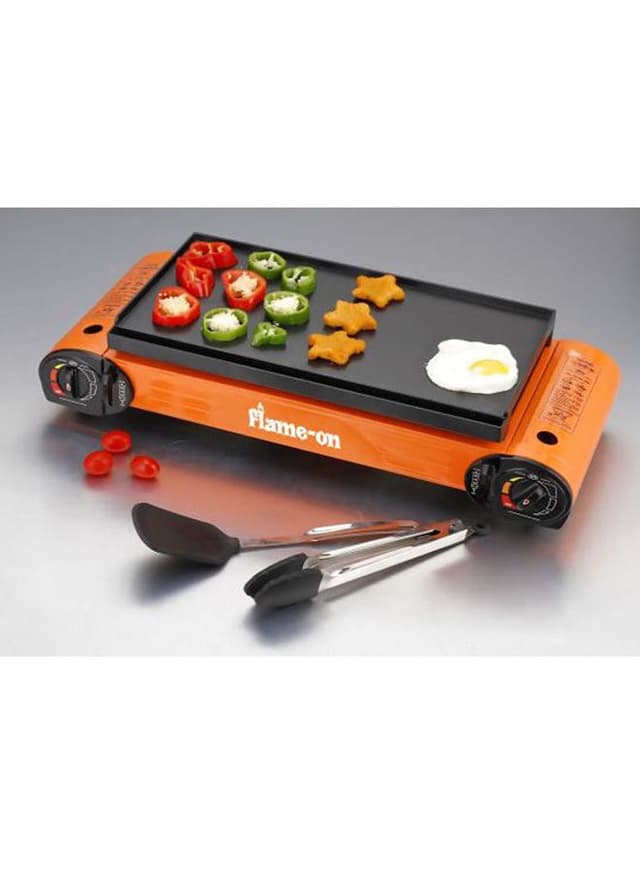 شواية برجر غاز محمولة فلاميون Flame-on Double Gas Stove With Grill BBQ Plate Sprron And Tong