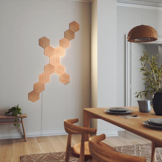 Nanoleaf ELEMENTS Hexagons Starter Kit Birchwood - Smart WiFi LED Panel System w/ Music Visualizer, Instant Wall Decoration, Home or Office Use, 16M+ Colors, Low Energy Consumption - 13 pack - SW1hZ2U6MzYyMDQy