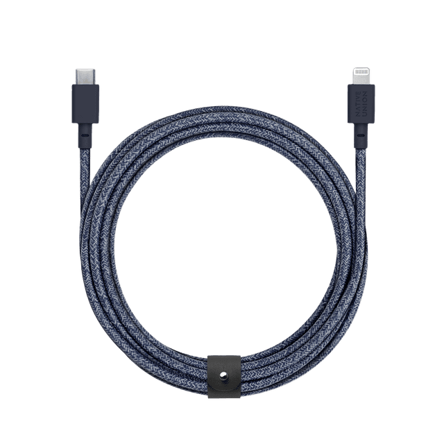 Native Union BELT USB-C to LIGHTNING Cable 10Ft - Braided Nylon PD Cable, w/ Leather Strap, for Apple iPhone 12/Pro/Max, 11/Pro/Max, XS/XR/X/Max, 8/8 Plus, iPad/iPad Air - Indigo - SW1hZ2U6MzYyMTUz