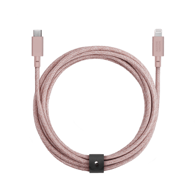 Native Union BELT USB-C to LIGHTNING Cable 10Ft - Braided Nylon PD Cable, w/ Leather Strap, for Apple iPhone 12/Pro/Max, 11/Pro/Max, XS/XR/X/Max, 8/8 Plus, iPad/iPad Air - Rose