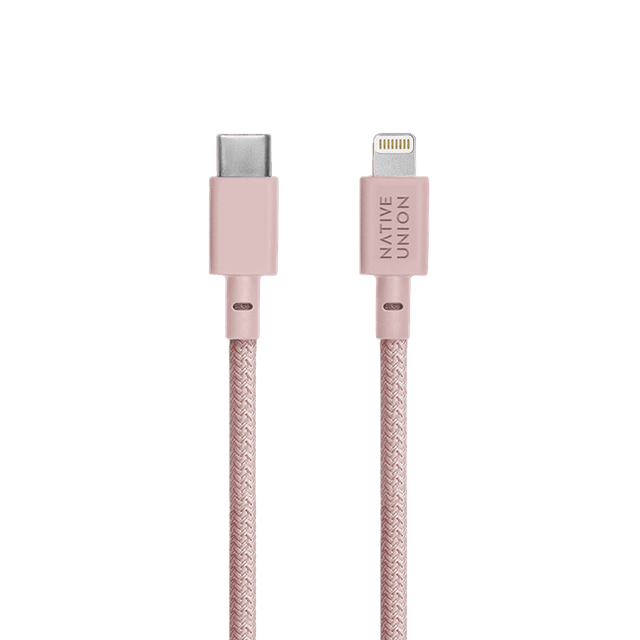 Native Union BELT USB-C to LIGHTNING Cable 4Ft - Braided Nylon PD Cable, w/ Leather Strap, for Apple iPhone 12/Pro/Max, 11/Pro/Max, XS/XR/X/Max, 8/8 Plus, iPad/iPad Air - Rose - SW1hZ2U6MzYyMTk3