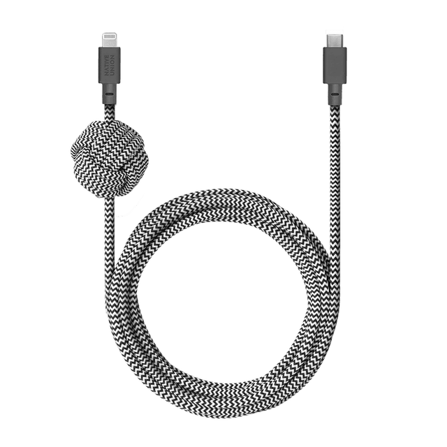 Native Union NIGHT USB-C to LIGHTNING Cable 10Ft - Braided Nylon PD Cable, w/ Weighted Knot, for Apple iPhone 12/Pro/Max, 11/Pro/Max, XS/XR/X/Max, 8/8 Plus, iPad/iPad Air - Zebra