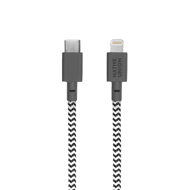 Native Union NIGHT USB-C to LIGHTNING Cable 10Ft - Braided Nylon PD Cable, w/ Weighted Knot, for Apple iPhone 12/Pro/Max, 11/Pro/Max, XS/XR/X/Max, 8/8 Plus, iPad/iPad Air - Zebra - SW1hZ2U6MzYyMzE5