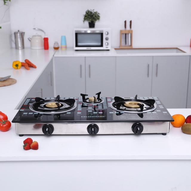 Olsenmark Tempered Glass Triple Burner Gas Stove Auto Ignition