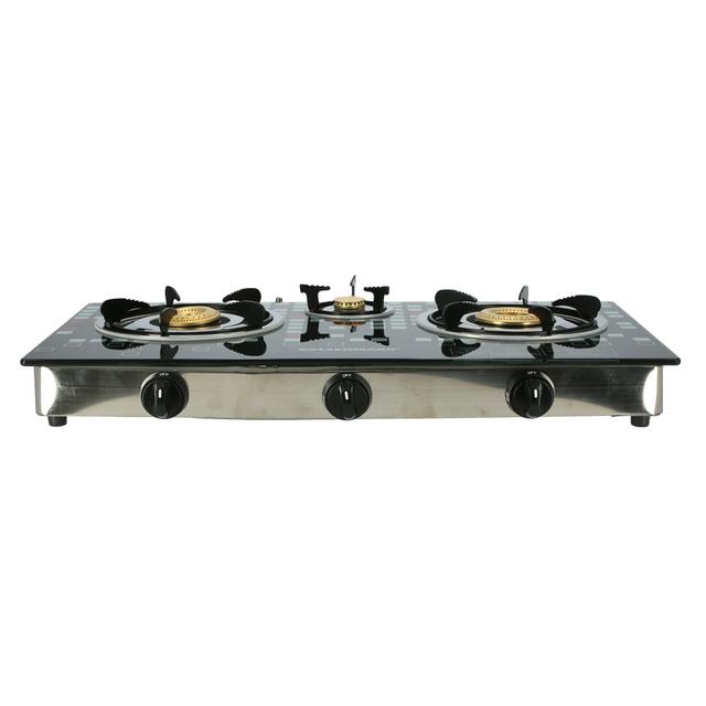 Olsenmark Tempered Glass Triple Burner Gas Stove Auto Ignition