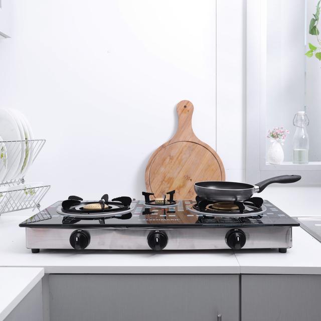 Olsenmark Tempered Glass Triple Burner Gas Stove Auto Ignition