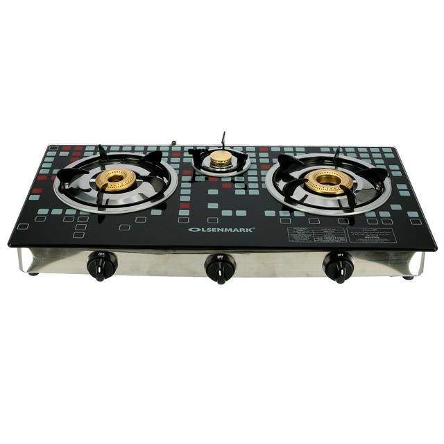 Olsenmark Tempered Glass Triple Burner Gas Stove - Auto Ignition - Stainless-Steel Drip Pan - Glass - SW1hZ2U6NDM0OTUx