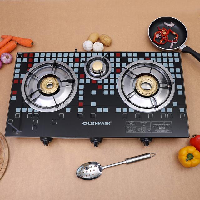 Olsenmark Tempered Glass Triple Burner Gas Stove Auto Ignition
