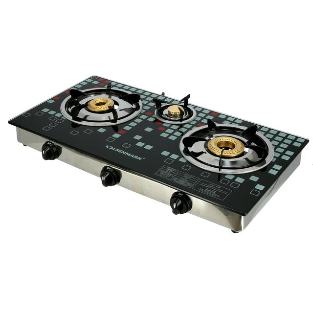 Olsenmark Tempered Glass Triple Burner Gas Stove - Auto Ignition - Stainless-Steel Drip Pan - Glass - SW1hZ2U6NDM0OTY0