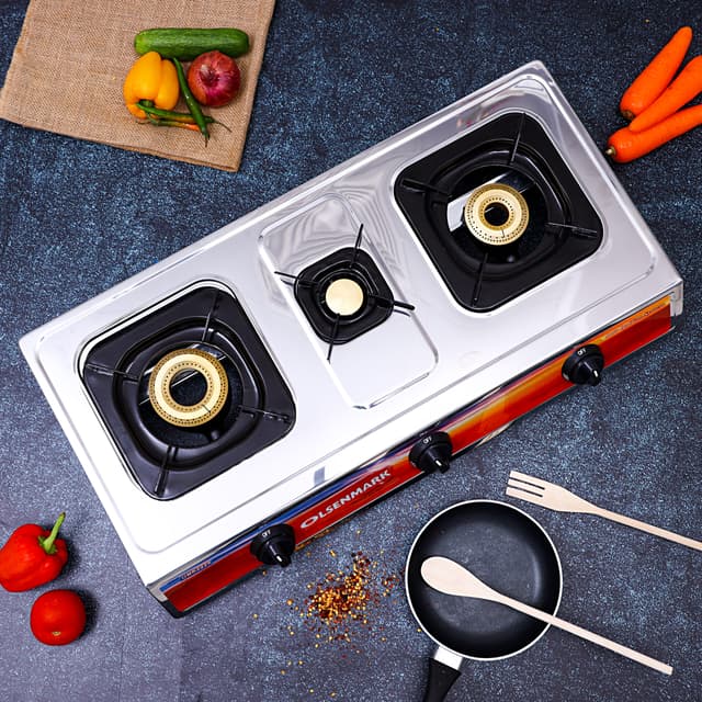 Olsenmark Stainless Steel Triple Burner Gas Stove Auto Ignition