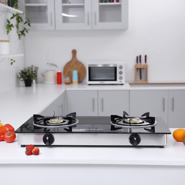 Olsenmark Tempered Glass Double Burner Gas Stove - Auto Ignition - Stainless-Steel Drip Pan - Cast