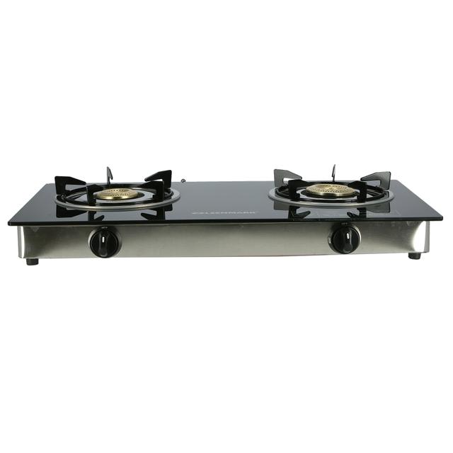 Olsenmark Tempered Glass Double Burner Gas Stove - Auto Ignition - Stainless-Steel Drip Pan - Cast