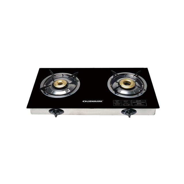 Olsenmark Tempered Glass Double Burner Gas Stove - Auto Ignition - Stainless-Steel Drip Pan - Cast