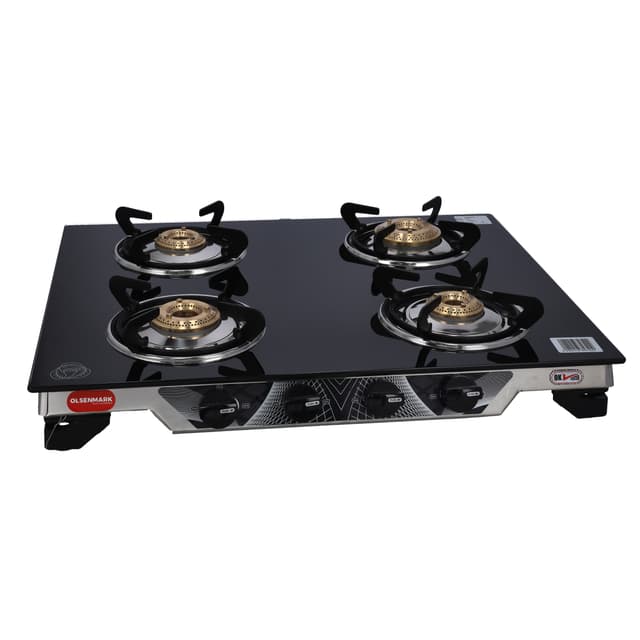 Olsenmark 4 Burner Gas Cooker 7mm Tempered Glass Top - Brass Burner - Auto-Ignition - Thick Pan Support | Bakelite Knobs | Low Gas Consumption | 2 Years Warranty-