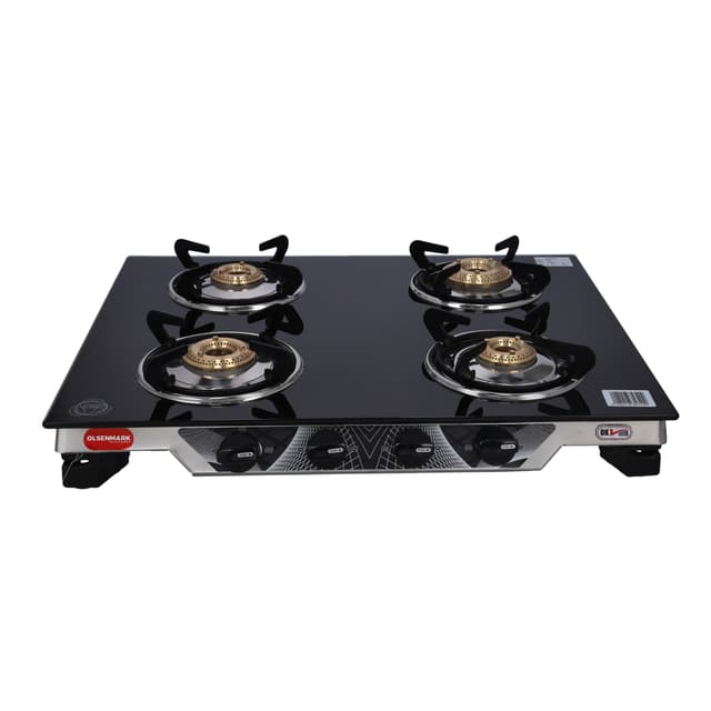 Olsenmark 4 Burner Gas Cooker 7mm Tempered Glass Top - Brass Burner - Auto-Ignition - Thick Pan Support | Bakelite Knobs | Low Gas Consumption | 2 Years Warranty-