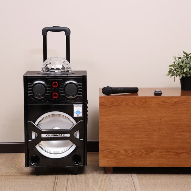 Olsenmark Rechargeable Trolley Speaker With Usb, Sd Card, Fm, Mic, Bluetooth & Remote - Led Light
