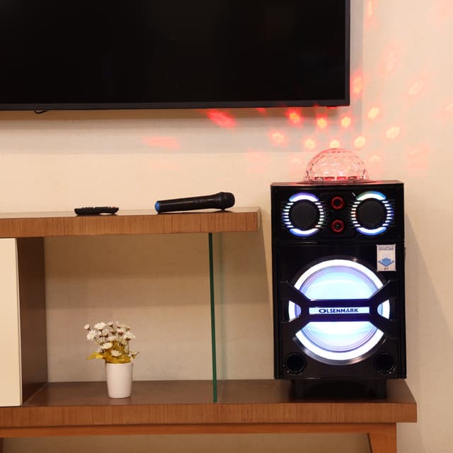 Olsenmark Rechargeable Trolley Speaker With Usb, Sd Card, Fm, Mic, Bluetooth & Remote - Led Light