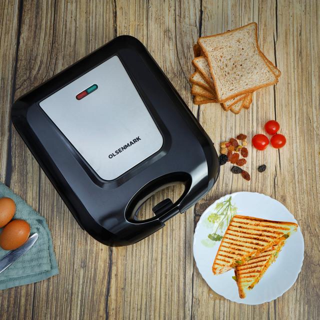 Olsenmark Sandwich Maker, With Stainless Steel Panel, OMSM2491 | Cool Touch Handle | Lock System | Power Indicator | Automatic Temperature Control | Upright Storage - SW1hZ2U6NDM0MjQx