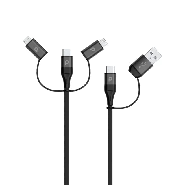 وصلة شحن المينيوم متعددة المنافذ ( Lightning / Micro USB / Type-C / USB-A ) أسود | Porodo All in One Aluminum Braided