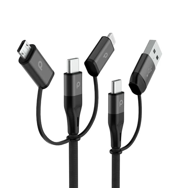 وصلة شحن المينيوم متعددة المنافذ ( Lightning / Micro USB / Type-C / USB-A ) أسود | Porodo All in One Aluminum Braided