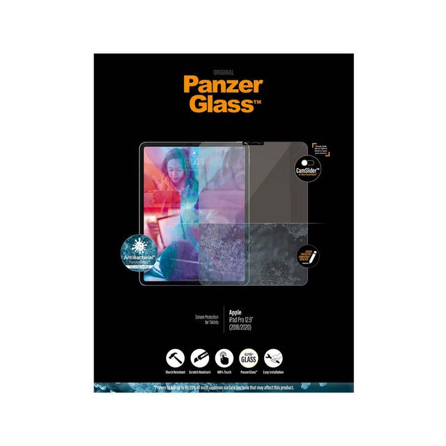 PanzerGlass iPad Pro 12.9 2021/2020/2018 Screen Protector with Cam Slider | Edge-to-Edge Tempered Glass w/ AntiMicrobial Case Friendly & Easy Install - Clear w/ Black Frame - SW1hZ2U6MzYyNzUw