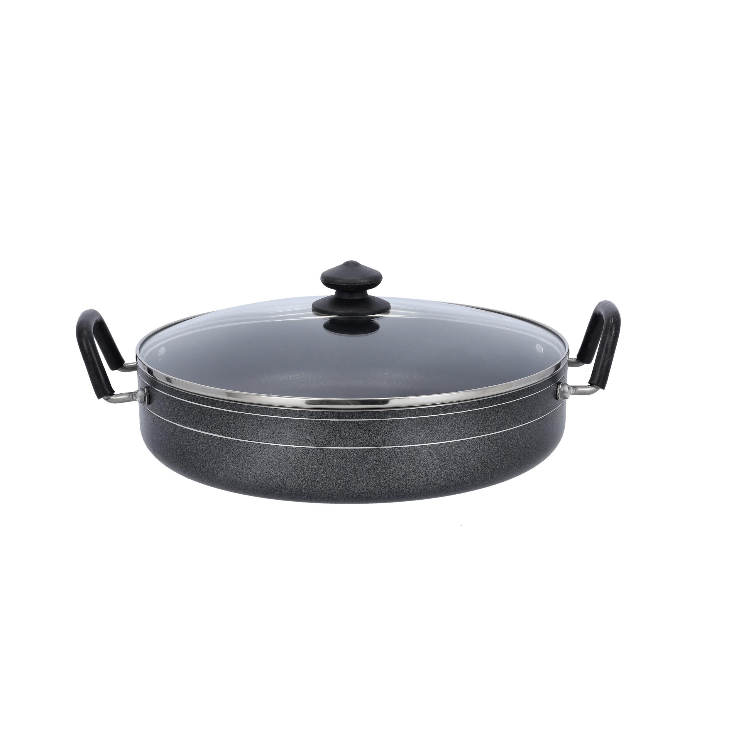 Royalford RF10007 32CM Nonstick Shallow Pot Glass Lid 1X8 – Dupont Non-stick Interior| Spiral Bottom for Even Heat Distribution| Ideal for frying, sautéing, braising