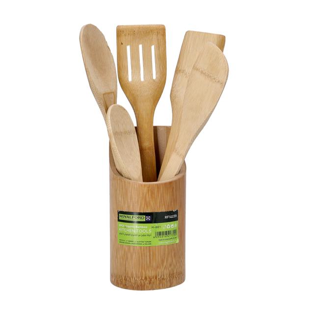 Royalford Organic Bamboo Kitchen Tools, Nonstick Utensil Set, RF10239 | Spatula, Turner, Slotted Turner, Serving Spoon, Rice Spoon And Holder | Non-Scratch Cookware Tools - SW1hZ2U6NDI4MzE2