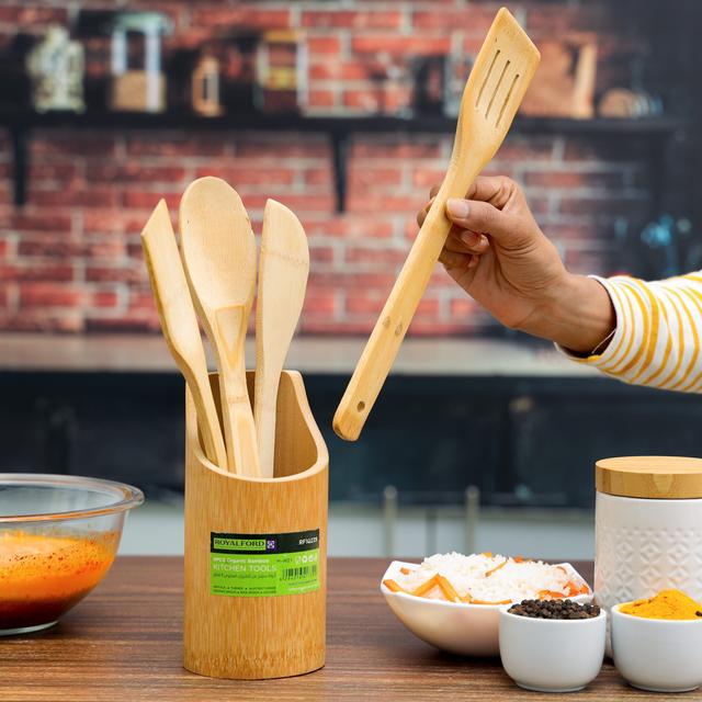 Royalford Organic Bamboo Kitchen Tools, Nonstick Utensil Set, RF10239 | Spatula, Turner, Slotted Turner, Serving Spoon, Rice Spoon And Holder | Non-Scratch Cookware Tools - SW1hZ2U6NDI4MzIy