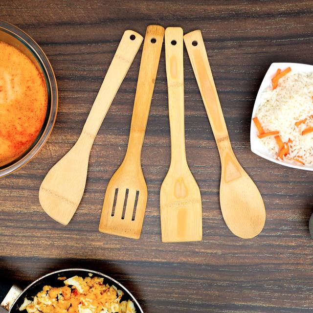 Royalford Organic Bamboo Kitchen Tools, Nonstick Utensil Set, RF10239 | Spatula, Turner, Slotted Turner, Serving Spoon, Rice Spoon And Holder | Non-Scratch Cookware Tools - SW1hZ2U6NDI4MzI0