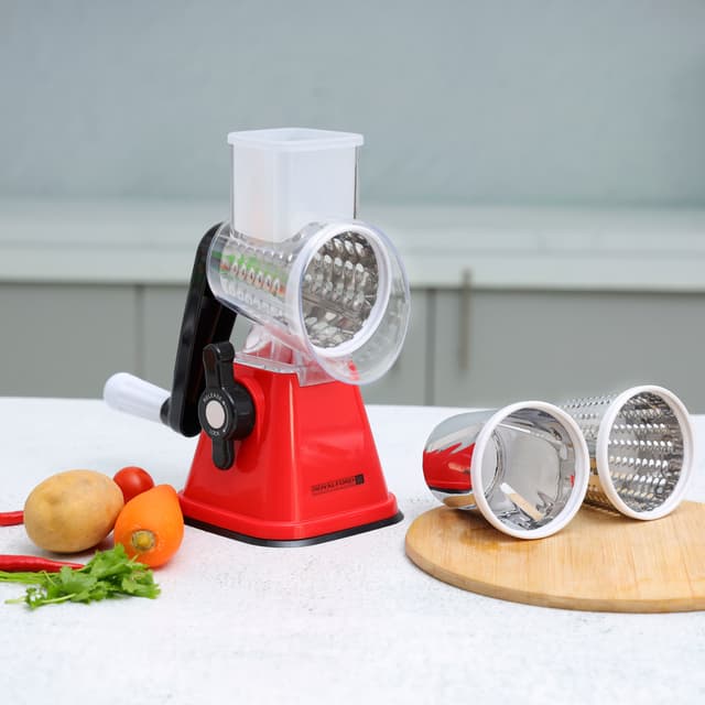 مبشرة يدوية 3 في 1 معدنية رويال فورد  Royalford Rotary Grater, Stainless Steel Blades, RF10312 - Vegetable Slicer with 3 Interchangeable Blades, Grater for Kitchen, Ideal for Cheese, Cucumber, Carrot, Nuts, Etc