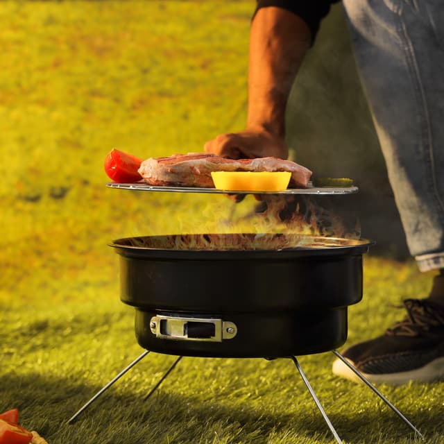 Royalford Round Barbeque Stands with Grill, Foldable, RF10356 - Durable Iron Construction Larger Grilling Area,Folding Camping Picnic Garden Festival Cooker - 187602