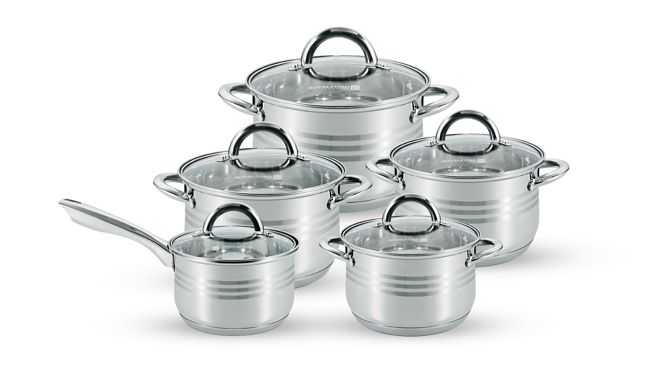 Royalford 10Pcs Stainless Steel Cookware Set,RF10390 - Induction Compatible Base,Dishwasher-safe,Strong,Heavy-Duty Riveted Handles