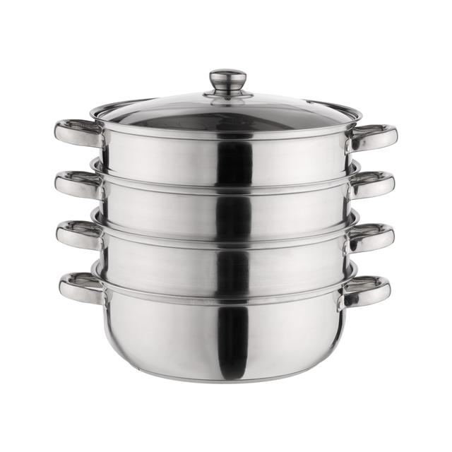 Royalford 4 Layer Stainless Steel Steamer Pot, RF10427 | Tempered Glass Lid | Strong, Comfortable Handles | Mirror-Finish Body | Support for Induction, Hot Plate, Halogen, Ceramic, Gas | Ideal for Tamale, Dumpling and Seafood - SW1hZ2U6NDI2ODI5