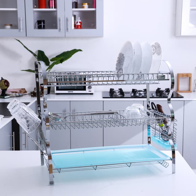 سلة مواعين ثلاث طبقات لون ازرق من رويال فورد Royalford RF2569 3 Layer Wall Hanging Dish Rack with Drainer Tray Multi Purpose Detachable Draining Board with Drip Tray