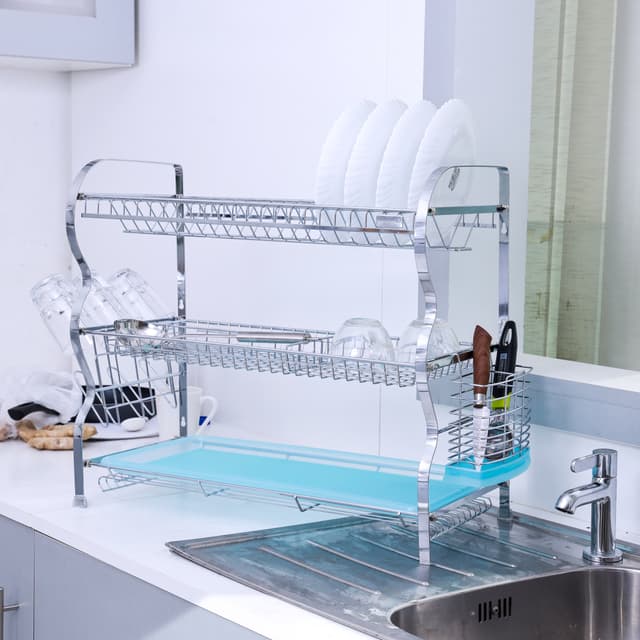 سلة مواعين ثلاث طبقات لون ازرق من رويال فورد Royalford RF2569 3 Layer Wall Hanging Dish Rack with Drainer Tray Multi Purpose Detachable Draining Board with Drip Tray