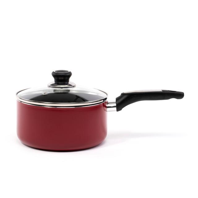 Royalford 20Cm Non-Stick Enamel Aluminium Saucepan With Glass Lid - Portable Cool Touch Handle - SW1hZ2U6MzgwODgw