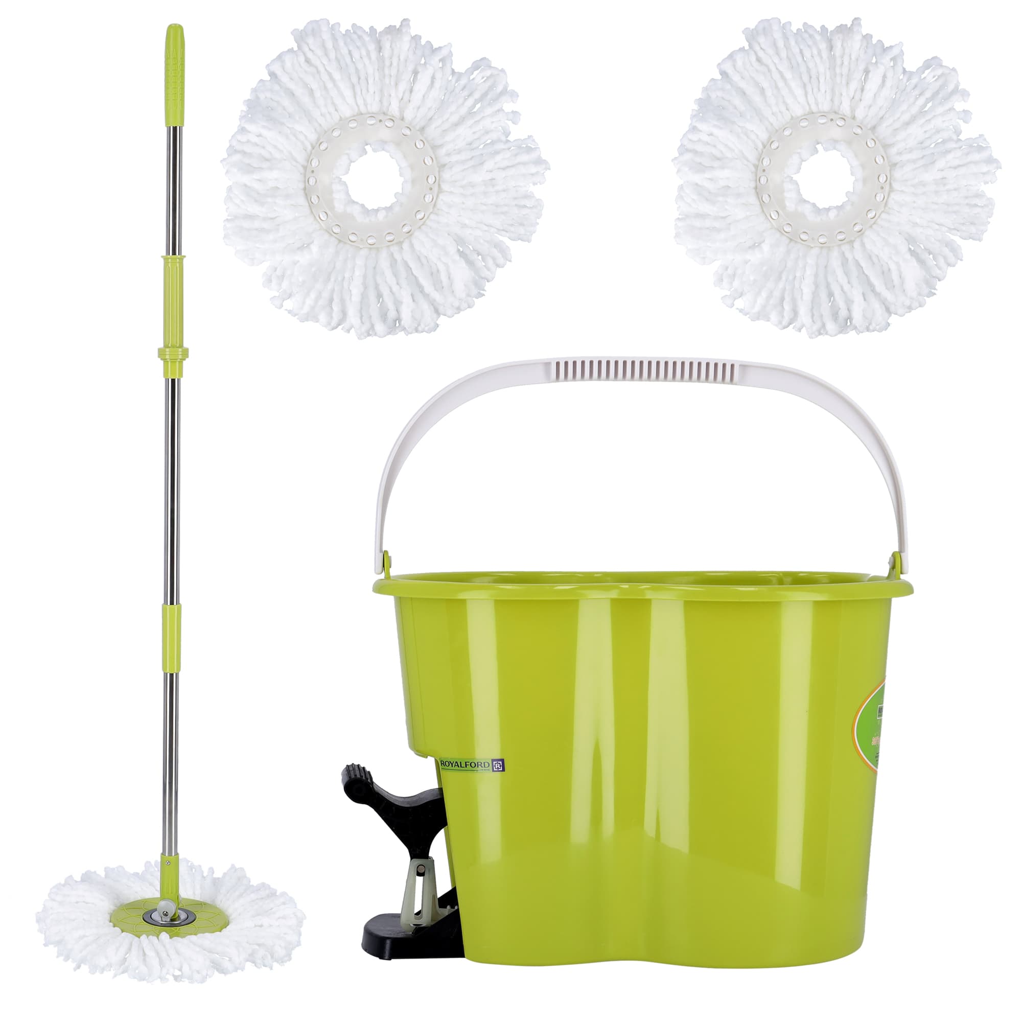 ممسحة الارضيات الدوارة لون اخضر من رويال فورد Royalford Portable Design Ajustable Height Spin Easy Mop with Micro Fiber Head for Faster Dehydration