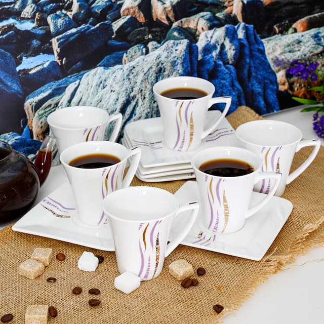 طقم فناجين القهوة بأطباق مربعة 12 قطعة من رويال فورد Royalford Bone China Square Cup & Saucer Set
