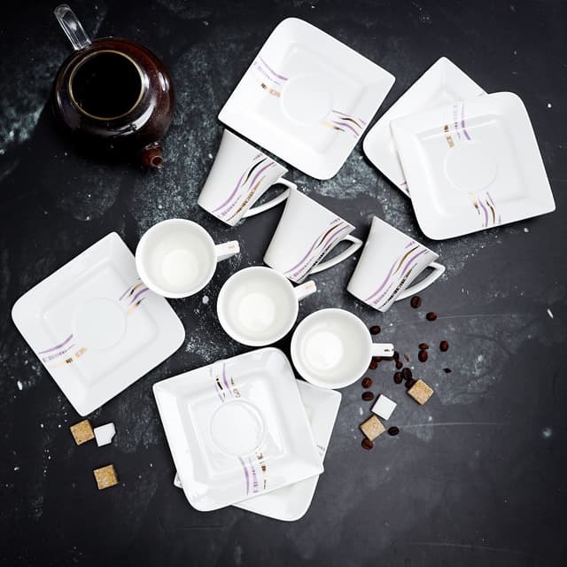 طقم فناجين القهوة بأطباق مربعة 12 قطعة من رويال فورد Royalford Bone China Square Cup & Saucer Set