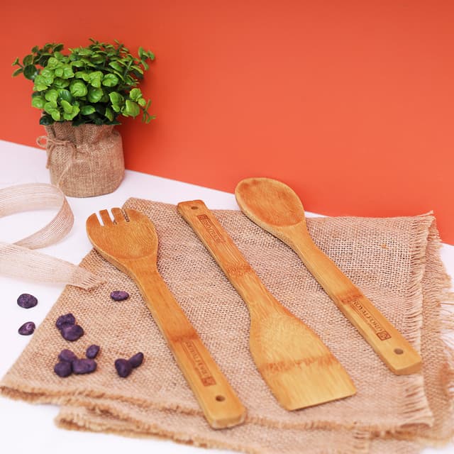 Royalford 3 Pcs Bamboo Kitchen Tools Set - Wooden Solid Turner,Spatula,& Slotted Spatula Kitchen - 177164