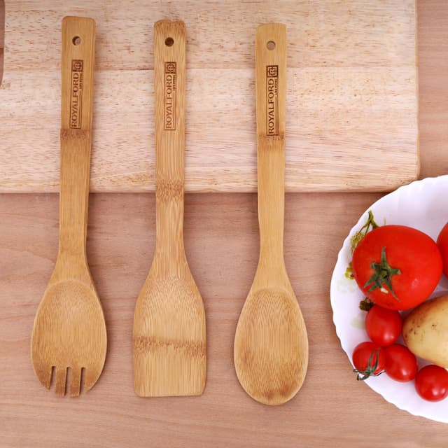 Royalford 3 Pcs Bamboo Kitchen Tools Set - Wooden Solid Turner,Spatula,& Slotted Spatula Kitchen - 177163