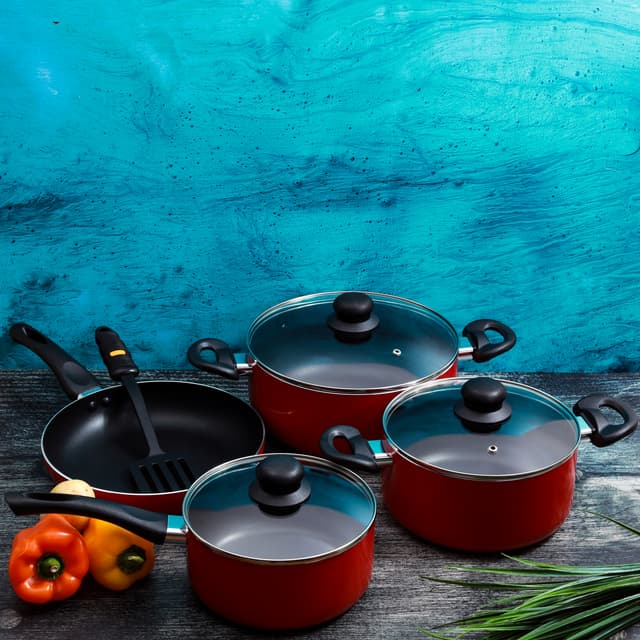 طقم الاواني غير اللاصق 8 قطع باللون الاحمر من رويال فورد oyalford RF6082 8 Pcs Aluminum Non-Stick Cookware Set