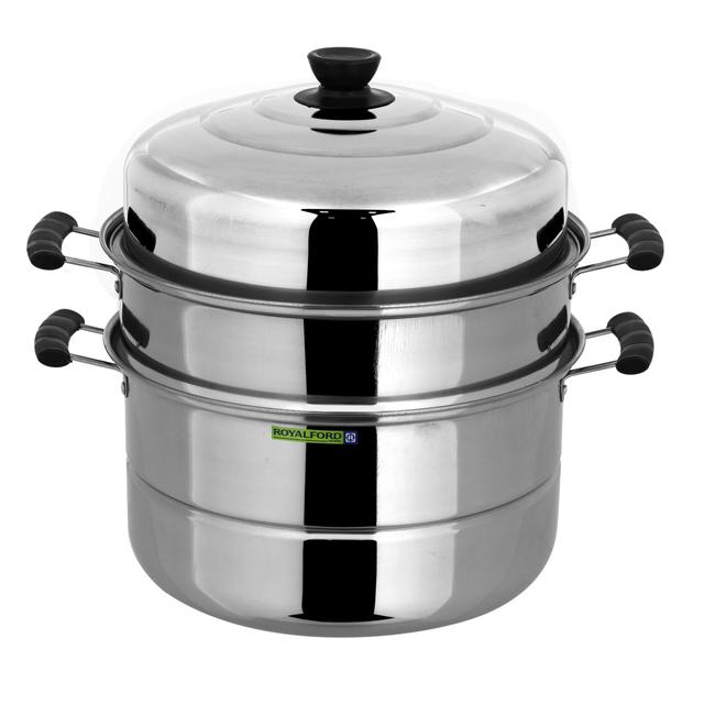 Royalford 3 Layer Stainless Steel Steamer 9L - Steamer Pot, Heat Resistant with Durable & Comfortable Handles | Dishwasher Safe | Compatible on Induction, Gas, Hot Plate, Ceramic Plate & More - SW1hZ2U6Mzk1MTMz