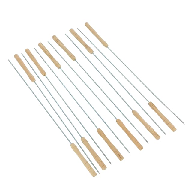 Royalford 12Pcs Bbq Kebab Skewers - Wooden Handle Stainless Steel Metal Skewers - 30 Cm Twisted