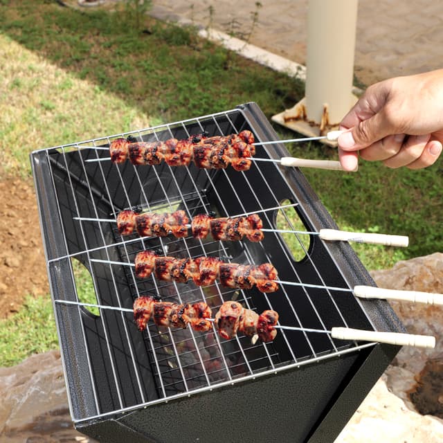 Royalford 12Pcs Bbq Kebab Skewers - Wooden Handle Stainless Steel Metal Skewers - 30 Cm Twisted