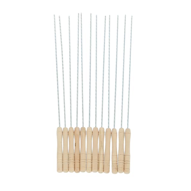 Royalford 12Pcs Bbq Kebab Skewers - Wooden Handle Stainless Steel Metal Skewers - 30 Cm Twisted