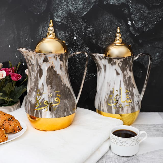 ترمس شاي  ( 2 قطعة ) 1 لتر - ذهبي / أسود  Royalford -  Marble Tea & Cawa Set